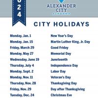 city of alexander city Holiday Schedule closed on Jan 15, march 29, may 27, june 19, July 4, sept 2, nov 11, nov 28, nov 29, 