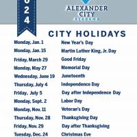 city of alexander city Holiday Schedule closed on may 27, june 19, July 4, July 5, sept 2, nov 11, nov 28, nov 29, dec 24,dec 25